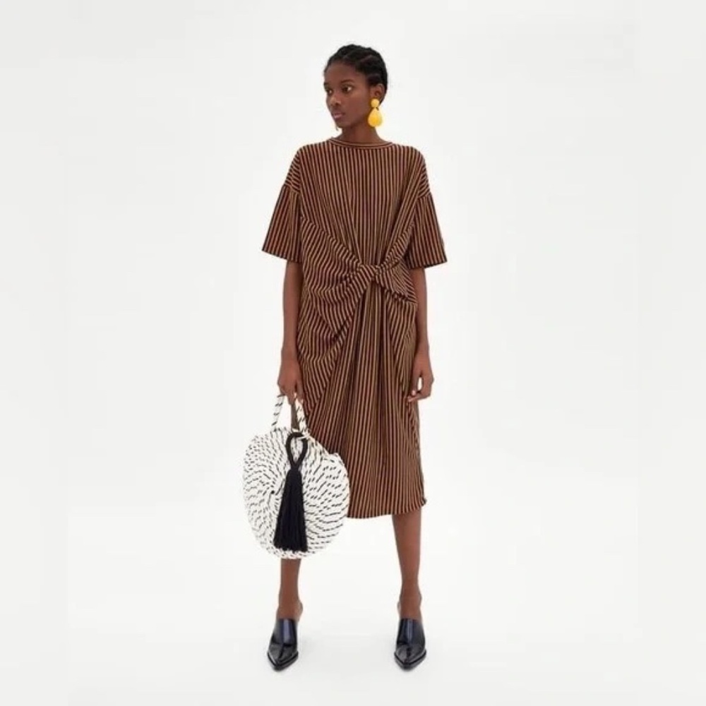 Striped Knot-Front Midi Dress in Brown